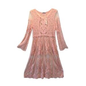 Renjo Long Sleeve Floral Lace Sheer Women's Dress W/Cotton Embroidery Coral Pink
